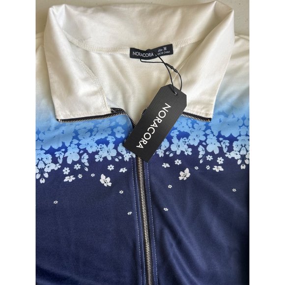 Noracora Blue & White Floral Print 1/2 Zip Long Sleeve Top, Medium - Picture 4 of 9